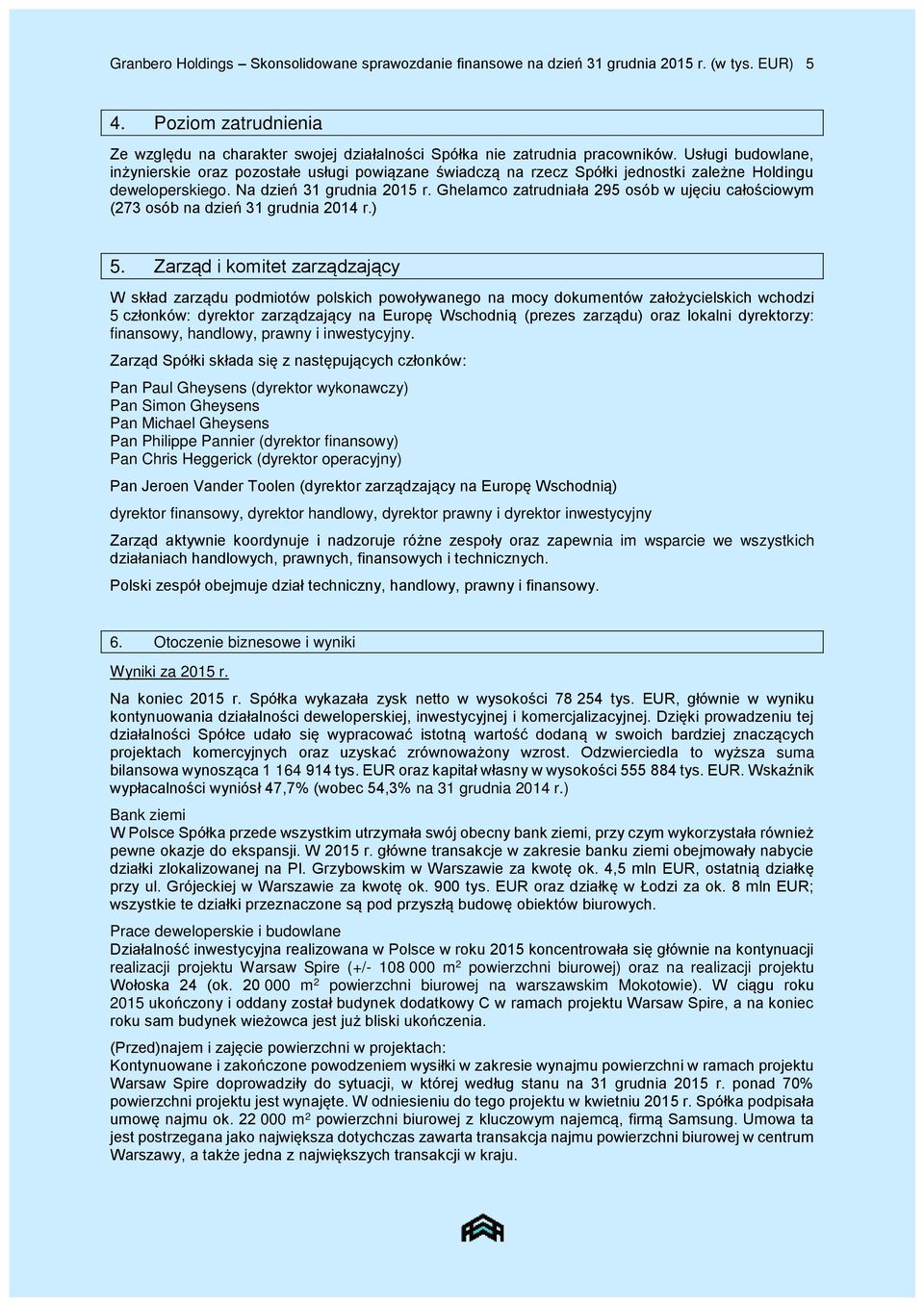 Ghelamco zatrudniała 295 osób w ujęciu całościowym (273 osób na dzień 31 grudnia 2014 r.) 5.