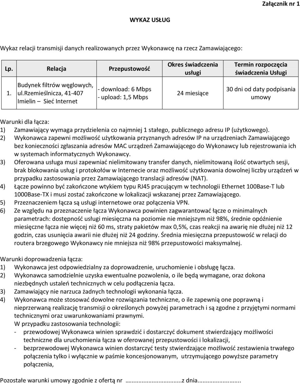 dla łącza: 1) Zamawiający wymaga przydzielenia co najmniej 1 stałego, publicznego adresu IP (użytkowego).