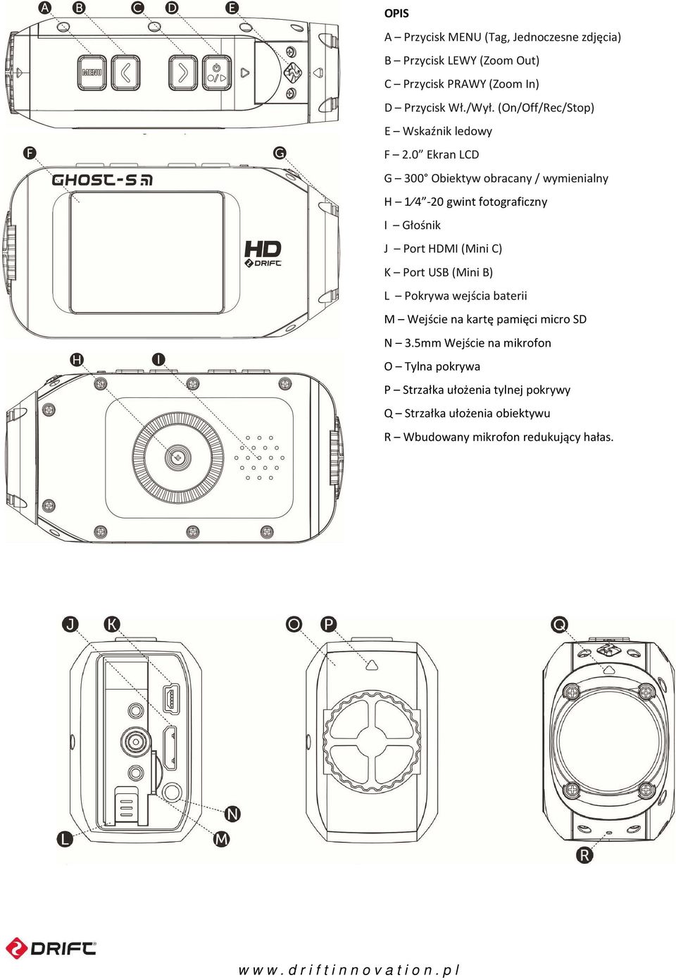 0 Ekran LCD G 300 Obiektyw obracany / wymienialny H 1 4-20 gwint fotograficzny I Głośnik J Port HDMI (Mini C) K Port USB