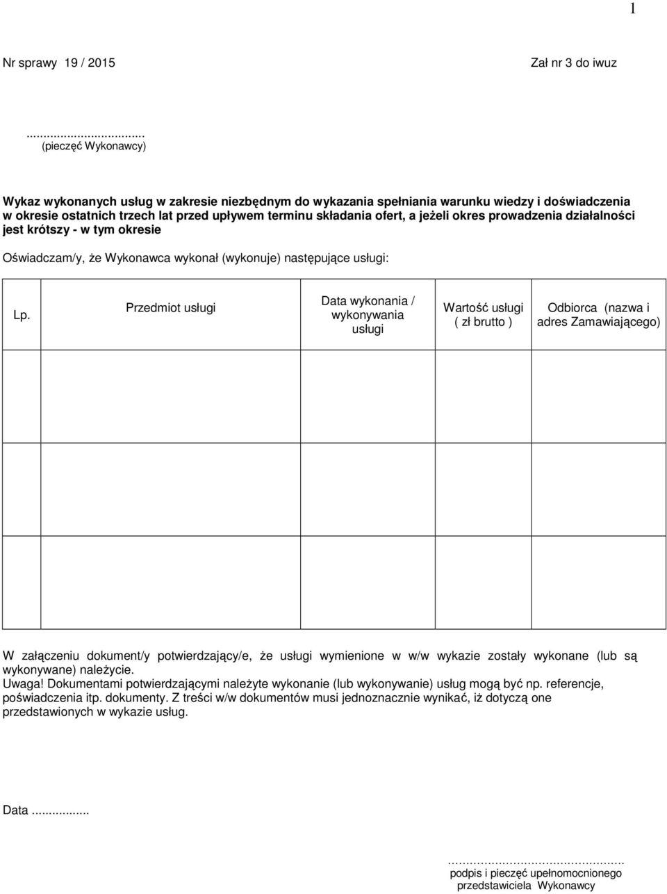 jeżeli okres prowadzenia działalności jest krótszy - w tym okresie Oświadczam/y, że Wykonawca wykonał (wykonuje) następujące usługi: Lp.