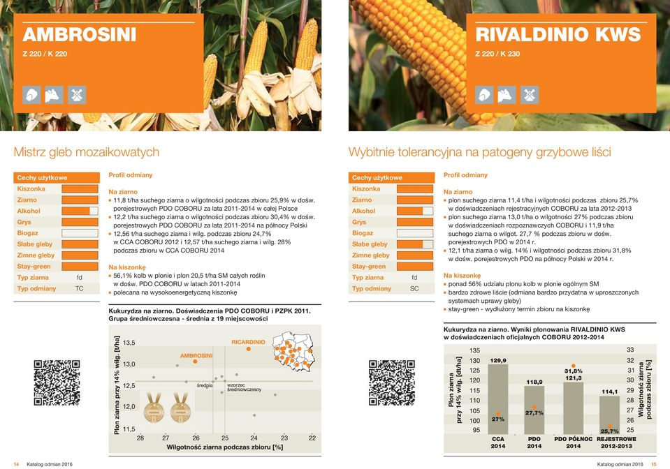 porejestrowych PDO COBORU za lata 2011-2014 na północy Polski 12,56 t/ha suchego ziarna i wilg. podczas zbioru 24,7% w CCA COBORU 2012 i 12,57 t/ha suchego ziarna i wilg.