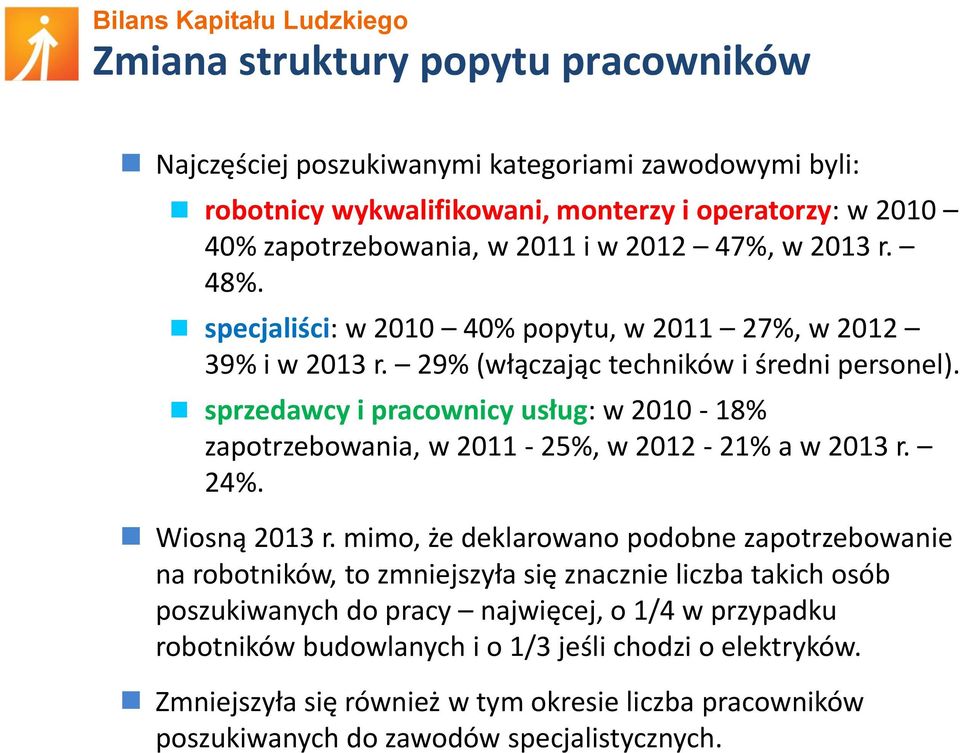 sprzedawcy i pracownicy usług: w 2010-18% zapotrzebowania, w 2011-25%, w 2012-21% a w 2013 r. 24%. Wiosną 2013 r.