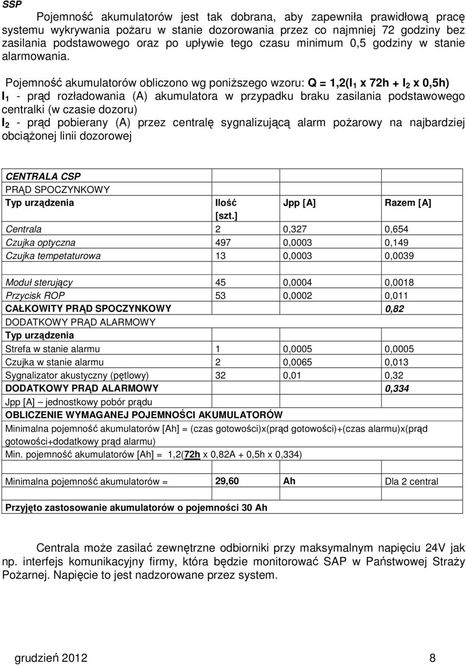 Pojemność akumulatorów obliczono wg poniższego wzoru: Q = 1,2(I 1 x 72h + I 2 x 0,5h) I 1 - prąd rozładowania (A) akumulatora w przypadku braku zasilania podstawowego centralki (w czasie dozoru) I 2