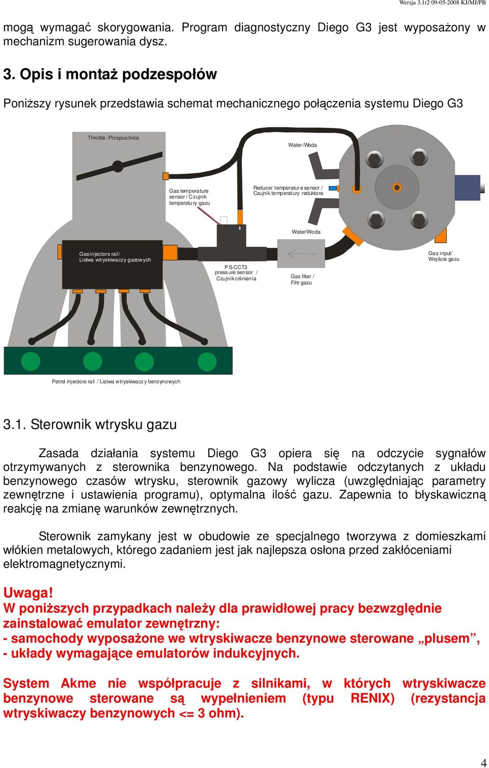 temperature sensor / Czujnik temperatury reduktora Water/Woda Gas injectors rail/ Listwa wtryskiwaczy gazowych P S-CCT3 pressure sensor / Czujnik ciśnienia Gas filter / Filtr gazu Gas input/ Wejście