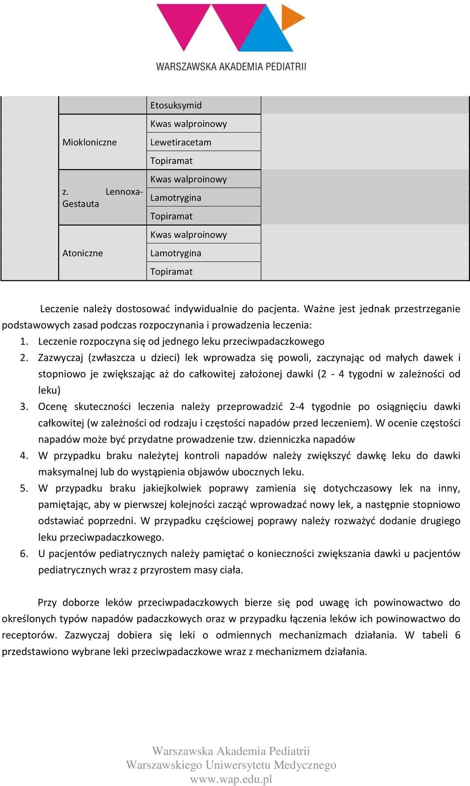 Ważne jest jednak przestrzeganie podstawowych zasad podczas rozpoczynania i prowadzenia leczenia: 1. Leczenie rozpoczyna się od jednego leku przeciwpadaczkowego 2.