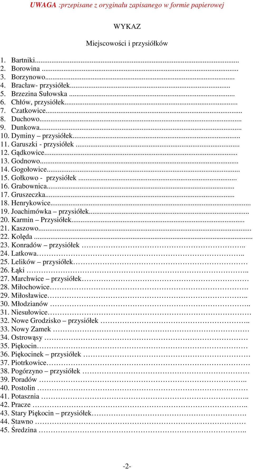 Joachimówka przysiółek... 20. Karmin Przysiółek... 21. Kaszowo... 22. Kolęda... 23. Konradów przysiółek.. 24. Latkowa.. 25. Lelików przysiółek 26. Łąki.. 27. Marchwice przysiółek 28. Miłochowice. 29.