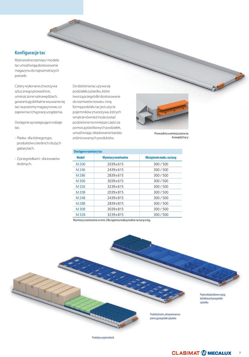 Dostępne są następujące rodzaje tac: - Płaska - dla różnego typu produktów o średnich i dużych gabarytach. - Z przegródkami - dla towarów drobnych.