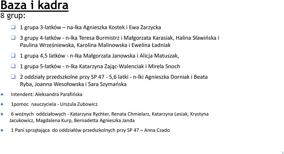 przedszkolne przy SP 47-5,6 latki - n-lki Agnieszka Dorniak i Beata Ryba, Joanna Wesołowska i Sara Szymańska Intendent: Aleksandra Parafińska 1pomoc nauczyciela - Urszula Zubowicz 6 woźnych