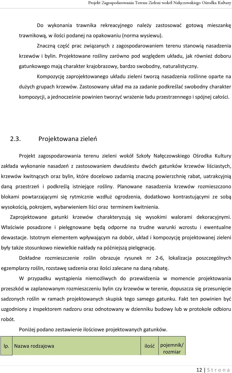 Projektowane rośliny zarówno pod względem układu, jak również doboru gatunkowego mają charakter krajobrazowy, bardzo swobodny, naturalistyczny.