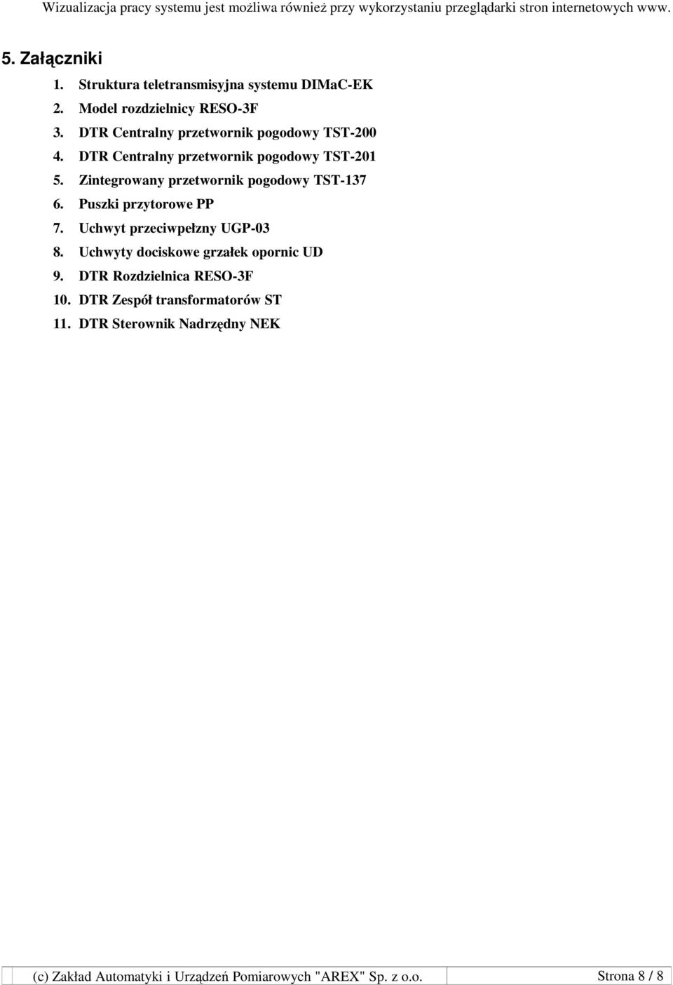 DTR Centralny przetwornik pogodowy TST-201 5. Zintegrowany przetwornik pogodowy TST-137 6. Puszki przytorowe PP 7. Uchwyt przeciwpełzny UGP-03 8.