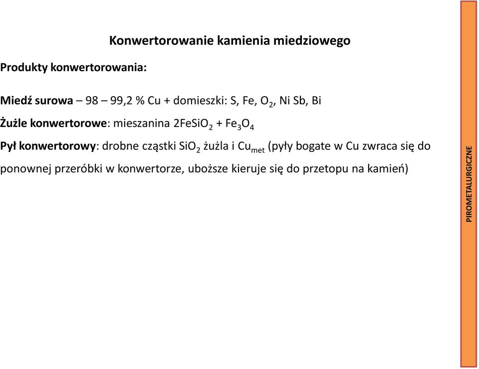 2FeSiO 2 + Fe 3 O 4 Pył konwertorowy: drobne cząstki SiO 2 żużla i Cu met (pyły bogate w