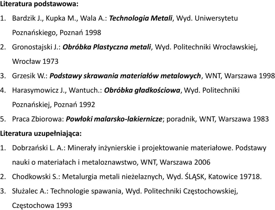 Politechniki Poznaoskiej, Poznao 1992 5. Praca Zbiorowa: Powłoki malarsko-lakiernicze; poradnik, WNT, Warszawa 1983 Literatura uzupełniająca: 1. Dobrzaoski L. A.