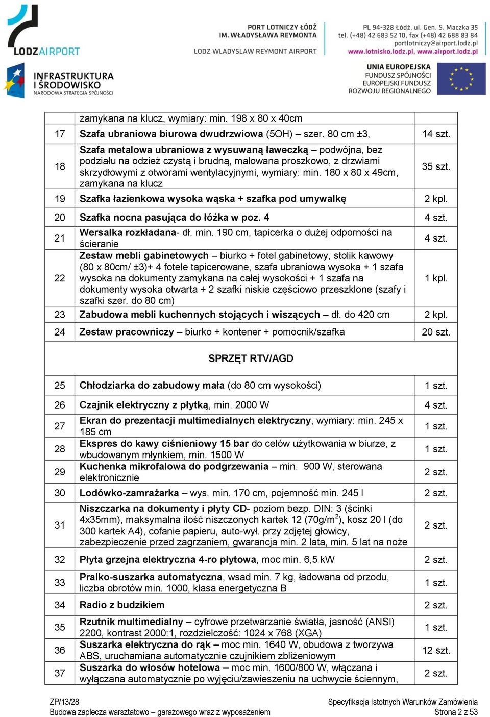 80 x 80 x 49cm, zamykana na klucz 35 szt. 9 Szafka łazienkowa wysoka wąska + szafka pod umywalkę 2 kpl. 20 Szafka nocna pasująca do łóżka w poz. 4 4 szt. 2 Wersalka rozkładana- dł. min.