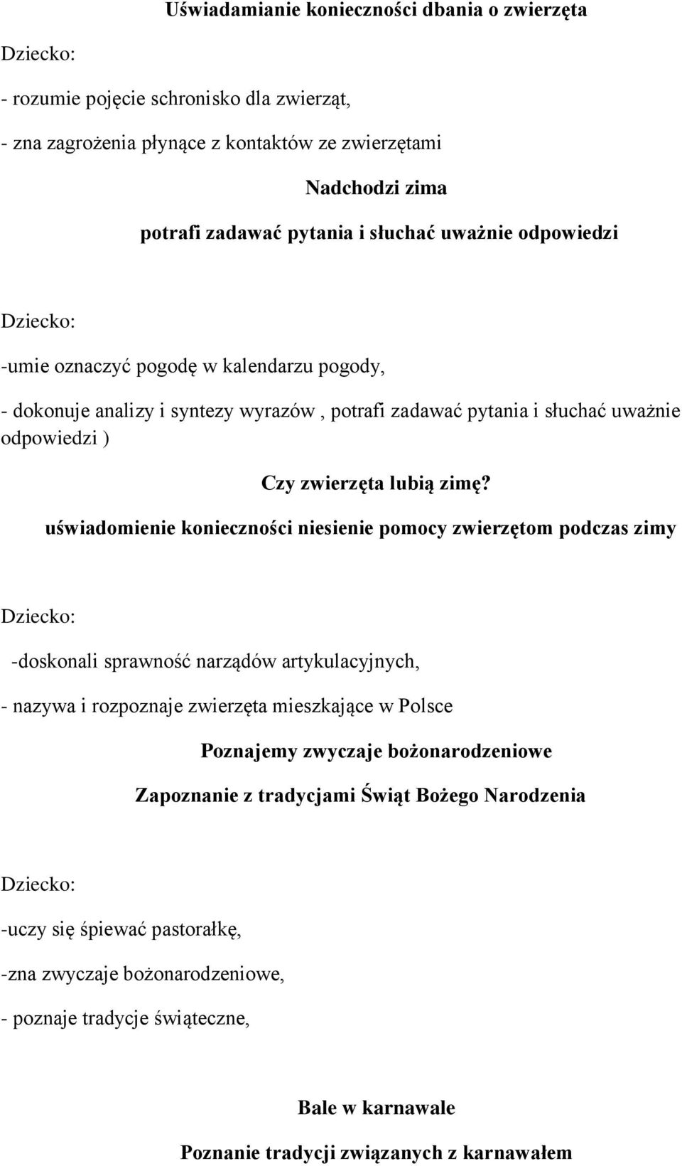 uświadomienie konieczności niesienie pomocy zwierzętom podczas zimy -doskonali sprawność narządów artykulacyjnych, - nazywa i rozpoznaje zwierzęta mieszkające w Polsce Poznajemy zwyczaje