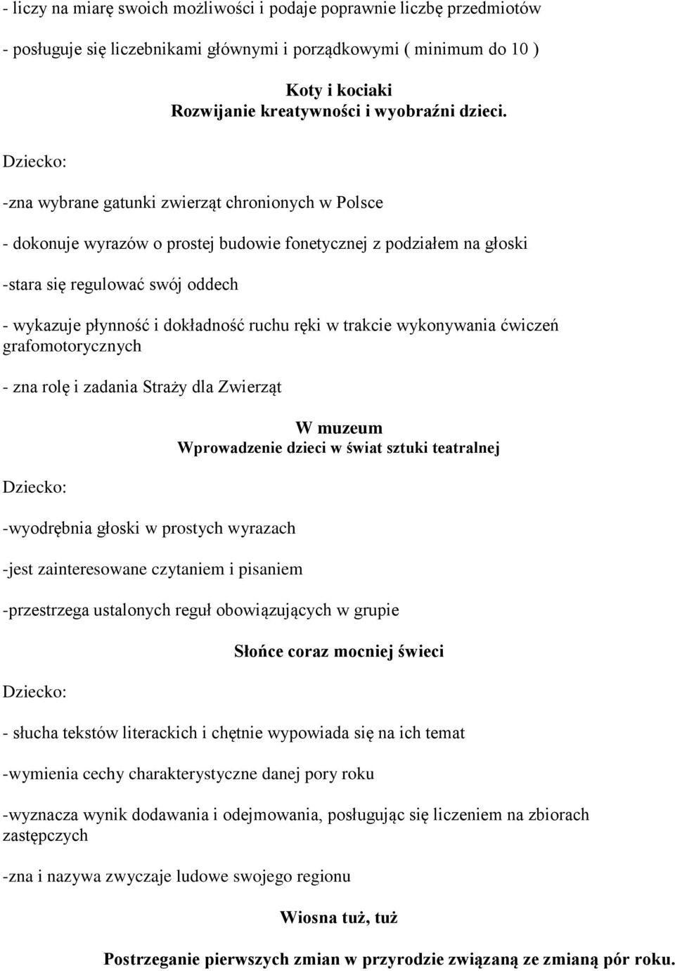 -zna wybrane gatunki zwierząt chronionych w Polsce - dokonuje wyrazów o prostej budowie fonetycznej z podziałem na głoski -stara się regulować swój oddech - wykazuje płynność i dokładność ruchu ręki