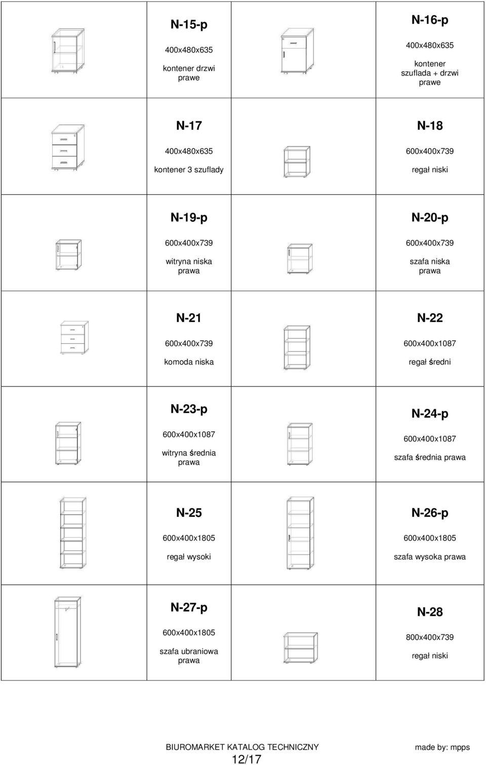 600x400x739 komoda niska N-22 600x400x1087 regał redni N-23-p 600x400x1087 witryna rednia N-24-p 600x400x1087 szafa
