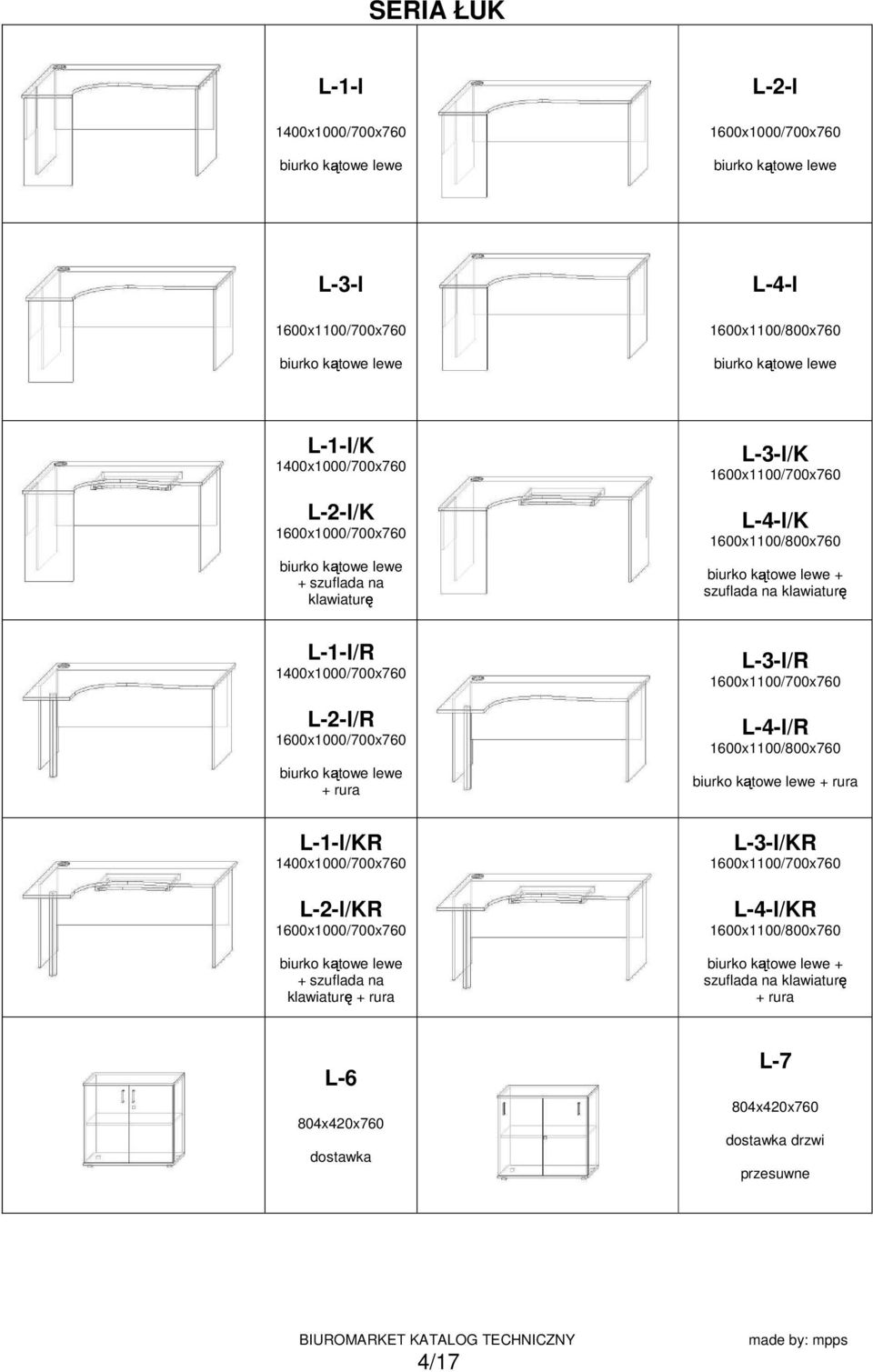 1400x1000/700x760 L-2-l/R 1600x1000/700x760 biurko k towe lewe + rura L-1-l/KR 1400x1000/700x760 L-2-l/KR 1600x1000/700x760 biurko k towe lewe + szuflada na klawiatur + rura L-3-l/R 1600x1100/700x760