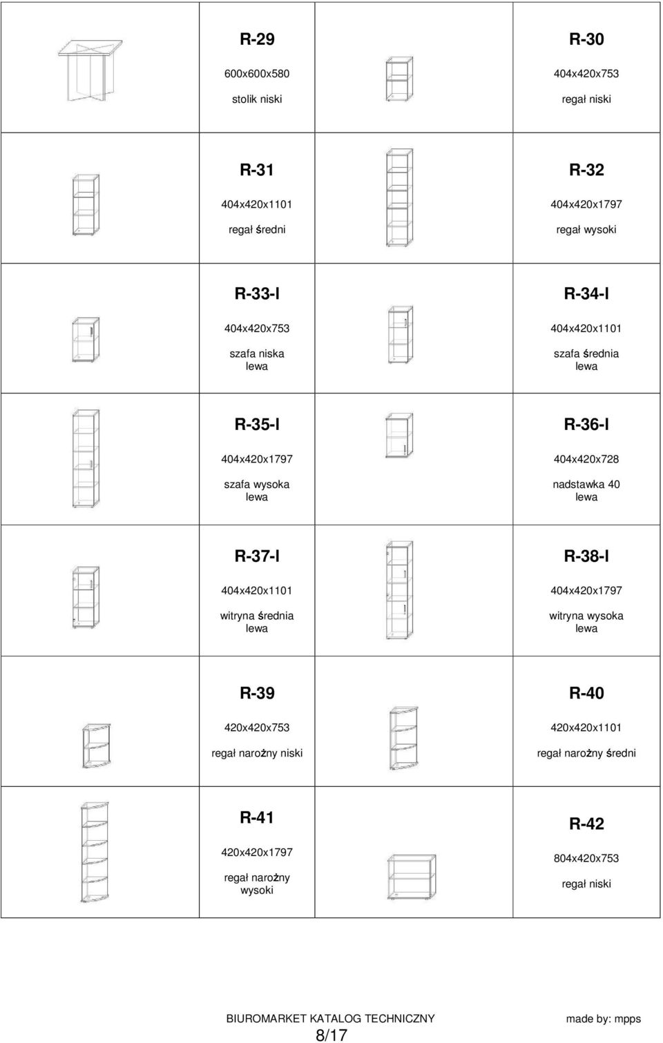 404x420x728 nadstawka 40 lewa R-37-l 404x420x1101 witryna rednia lewa R-38-l 404x420x1797 witryna wysoka lewa R-39