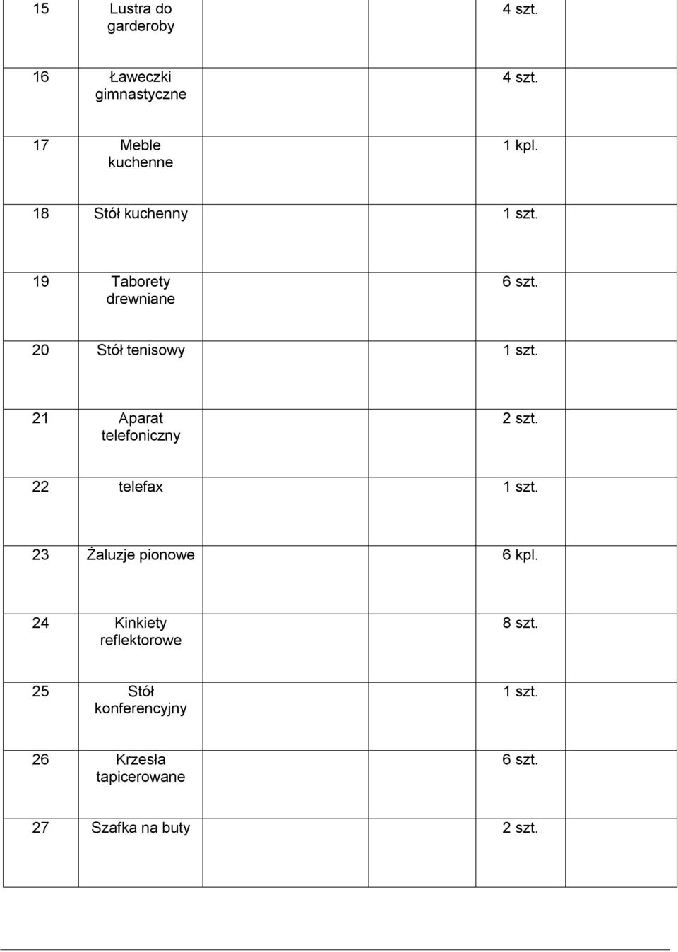 20 Stół tenisowy 21 Aparat telefoniczny 2 szt.