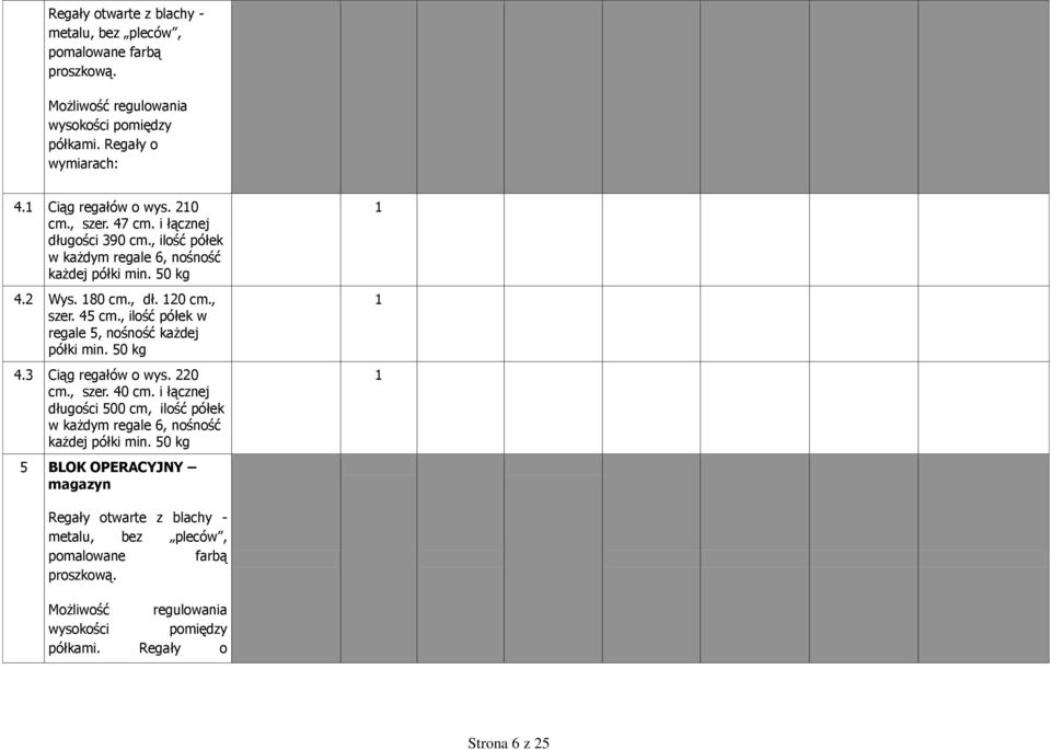 , ilość półek w regale 5, nośność każdej półki min. 50 kg 4.3 Ciąg regałów o wys. 220 cm., szer. 40 cm.