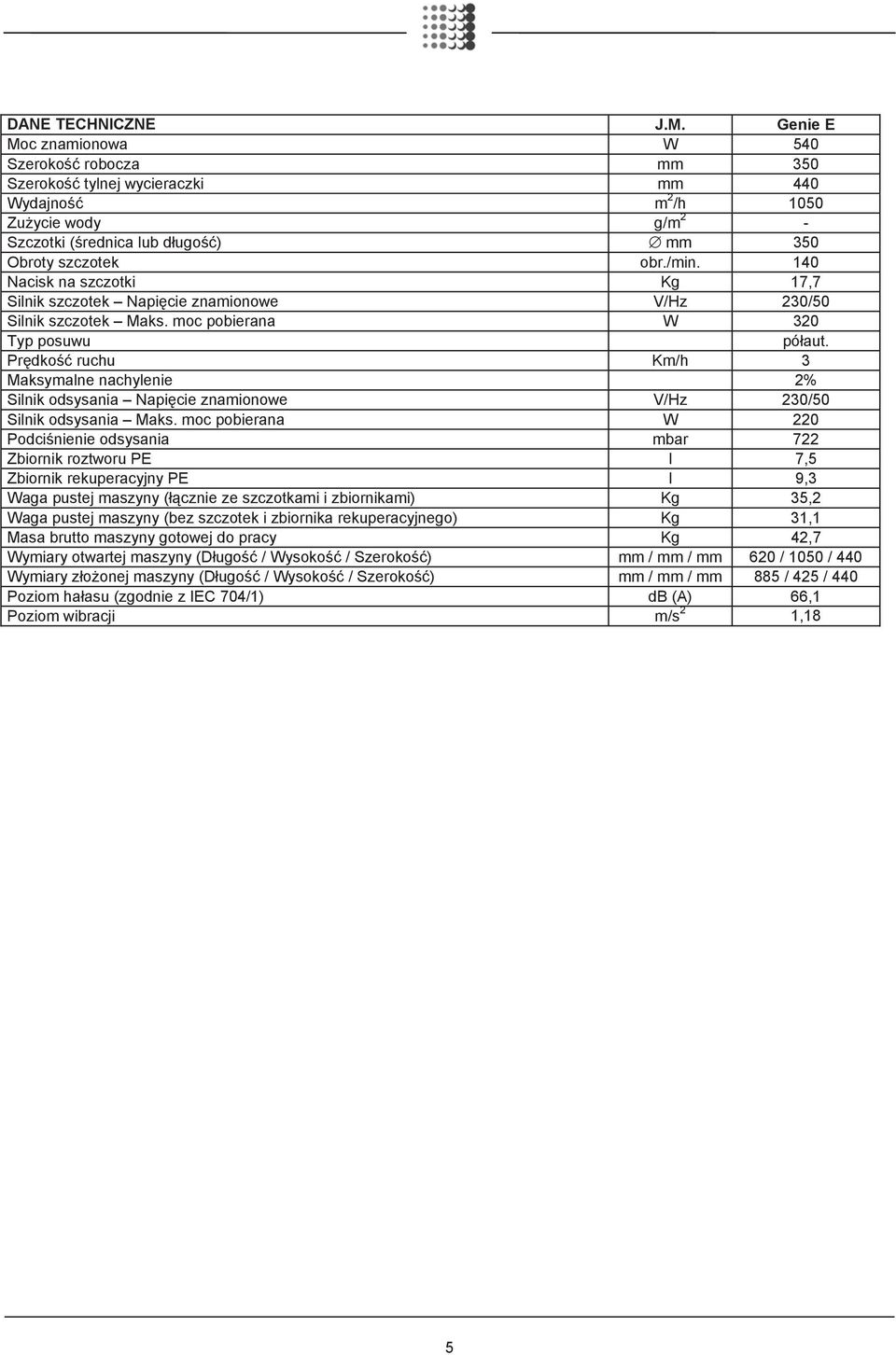 140 Nacisk na szczotki Kg 17,7 Silnik szczotek Napi cie znamionowe V/Hz 230/50 Silnik szczotek Maks. moc pobierana W 320 Typ posuwu pó aut.