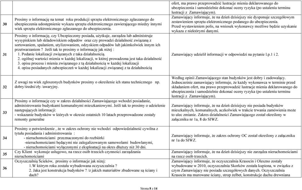 Prosimy o informację, czy Ubezpieczony posiada, użytkuje, zarządza lub administruje wysypiskiem lub składowiskiem odpadów oraz czy prowadzi działalność związaną z sortowaniem, spalaniem,