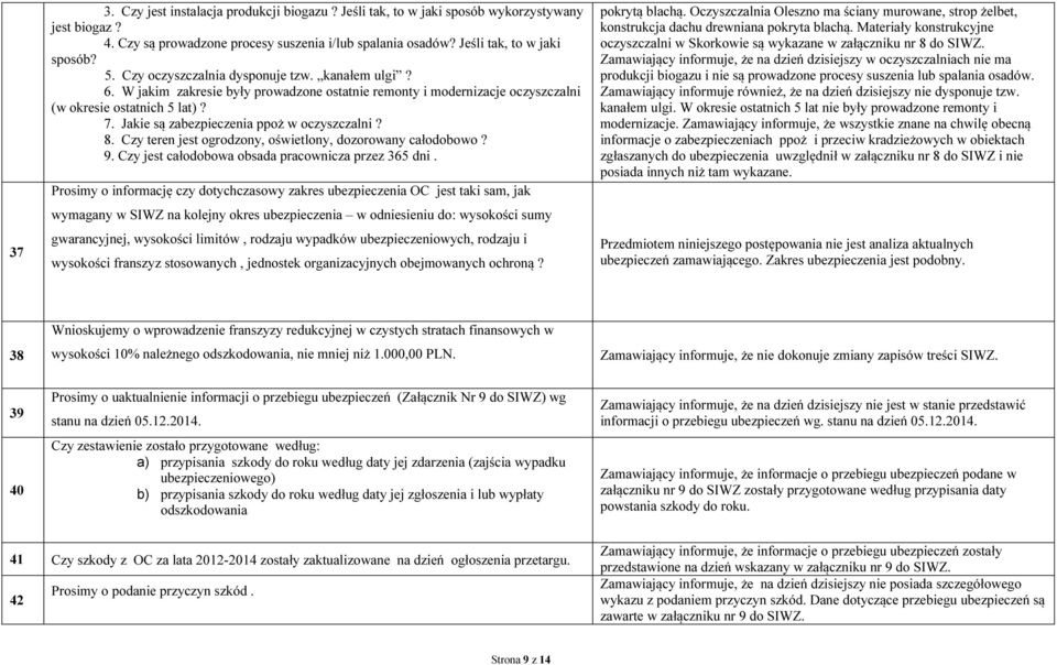 Jakie są zabezpieczenia ppoż w oczyszczalni? 8. Czy teren jest ogrodzony, oświetlony, dozorowany całodobowo? 9. Czy jest całodobowa obsada pracownicza przez 365 dni.