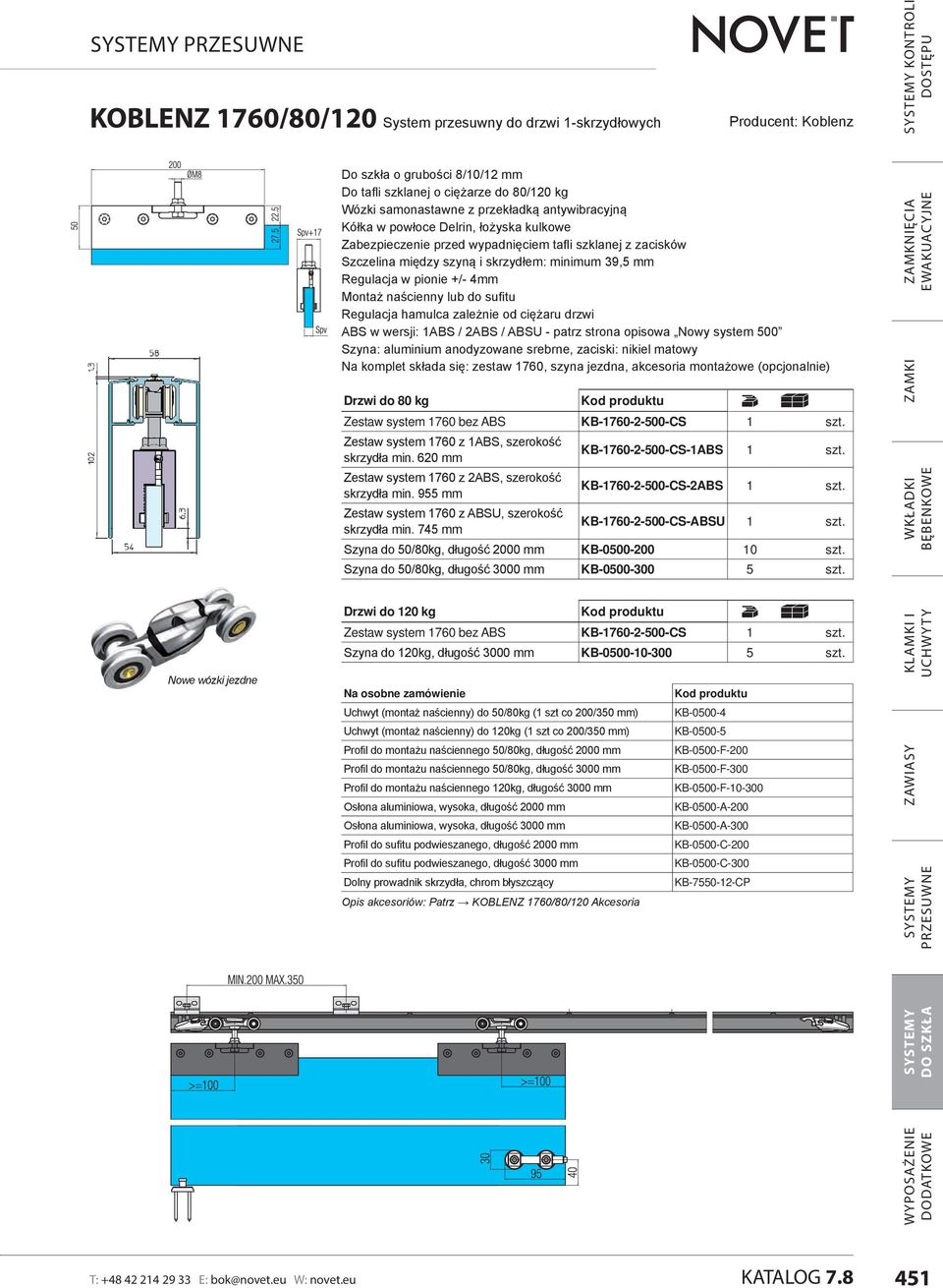 minimum 39,5 mm Regulacja w pionie +/- 4mm Montaż naścienny lub do sufitu Regulacja hamulca zależnie od ciężaru drzwi ABS w wersji: 1ABS / 2ABS / ABSU - patrz strona opisowa Nowy system 500 Szyna: