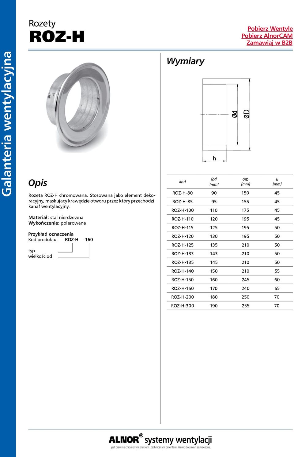 Materiał: stal nierdzewna Wykończenie: polerowane Kod produktu: ROZ-H 160 wielkość ød kod h Æd D ÆD h ROZ-H-80 90 150 45 ROZ-H-85 95