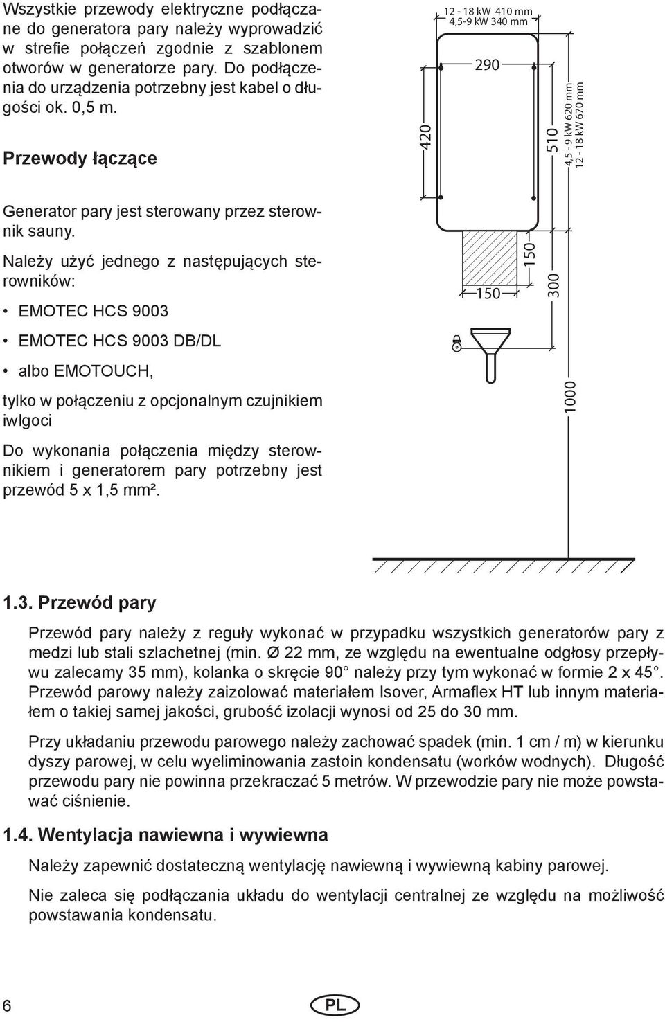 Przewody łączące 420 12-18 kw 410 mm 4,5-9 kw 340 mm 290 510 4,5-9 kw 620 mm 12-18 kw 670 mm Generator pary jest sterowany przez sterownik sauny.