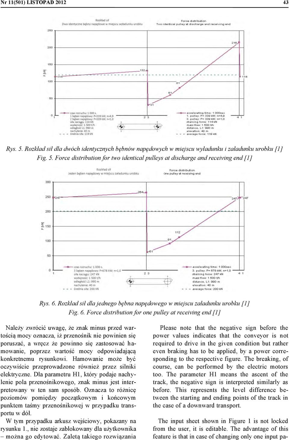 Force distribution for one pulley at receiving end [1] Należy zwrócić uwagę, że znak minus przed wartością mocy oznacza, iż przenośnik nie powinien się poruszać, a wręcz że powinno się zastosować