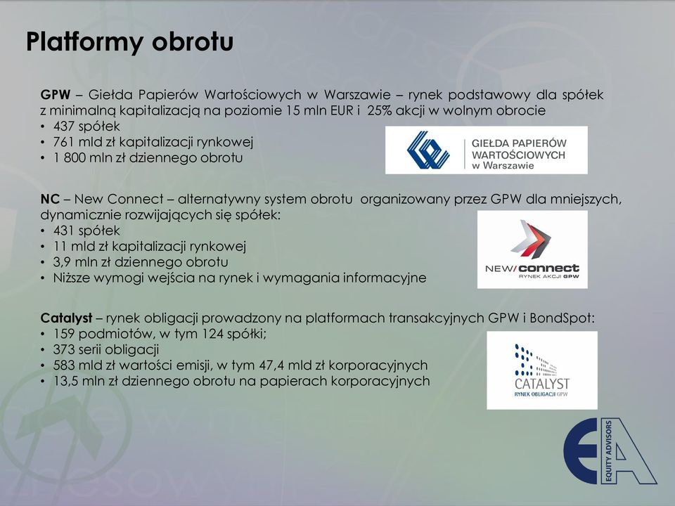 spółek 11 mld zł kapitalizacji rynkowej 3,9 mln zł dziennego obrotu Niższe wymogi wejścia na rynek i wymagania informacyjne Catalyst rynek obligacji prowadzony na platformach