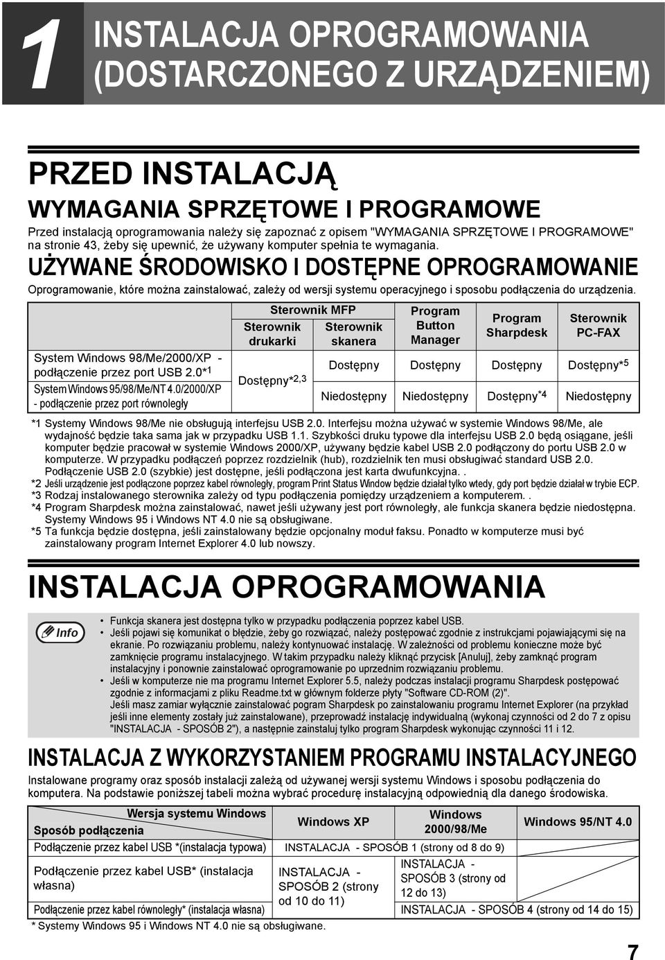 UŻYWANE ŚRODOWISKO I DOSTĘPNE OPROGRAMOWANIE Oprogramowanie, które można zainstalować, zależy od wersji systemu operacyjnego i sposobu podłączenia do urządzenia.