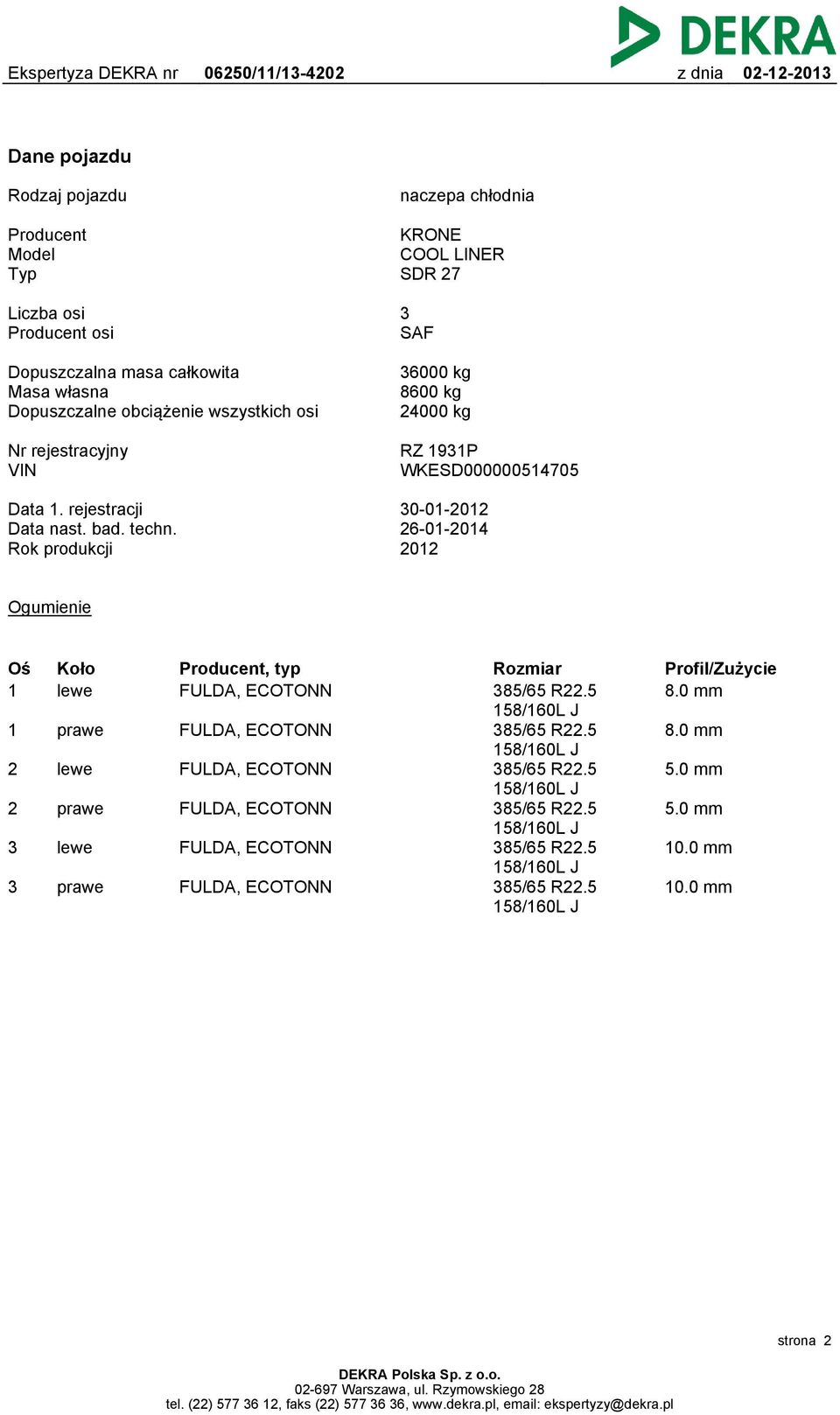 Rok produkcji 30-01-2012 26-01-2014 2012 Ogumienie Oś 1 Koło lewe Producent, typ FULDA, ECOTONN 1 prawe FULDA, ECOTONN 2 lewe FULDA, ECOTONN 2 prawe FULDA, ECOTONN 3 lewe FULDA, ECOTONN