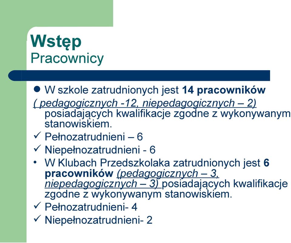 Pełnozatrudnieni 6 Niepełnozatrudnieni - 6 W Klubach Przedszkolaka zatrudnionych jest 6 pracowników