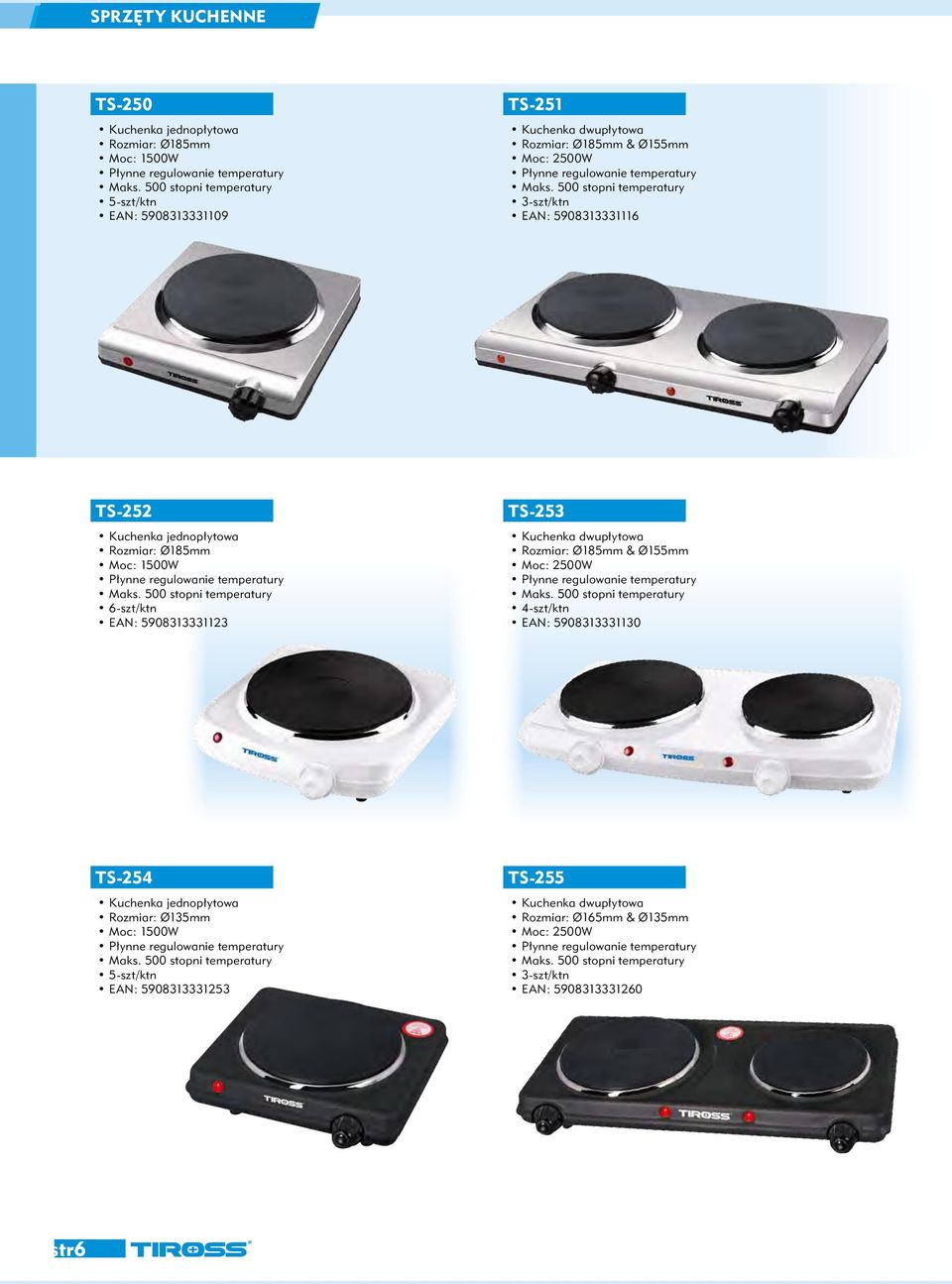 500 stopni temperatury 3-szt/ktn EAN: 5908313331116 TS-252 Kuchenka jednopłytowa Rozmiar: Ø185mm Moc: 1500W Płynne regulowanie temperatury Maks.