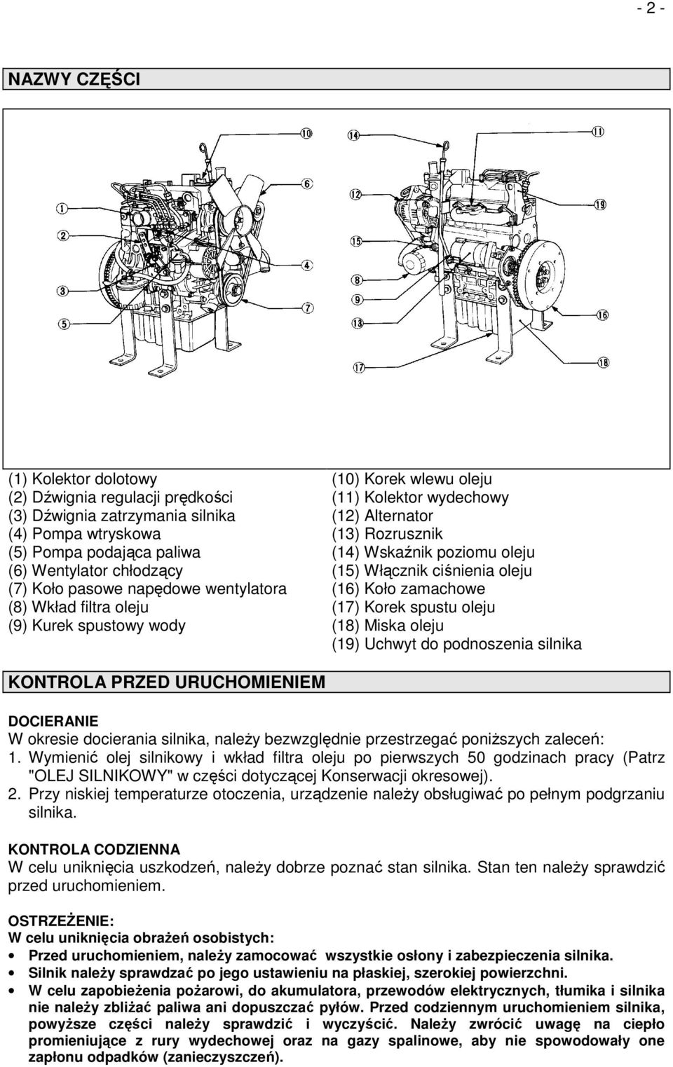 oleju (16) Koło zamachowe (17) Korek spustu oleju (18) Miska oleju (19) Uchwyt do podnoszenia silnika KONTROLA PRZED URUCHOMIENIEM DOCIERANIE W okresie docierania silnika, naleŝy bezwzględnie