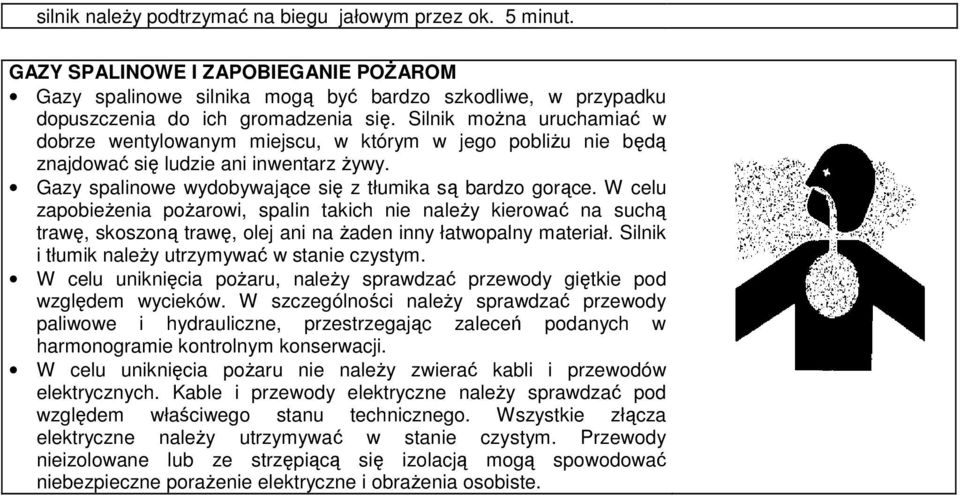 W celu zapobieŝenia poŝarowi, spalin takich nie naleŝy kierować na suchą trawę, skoszoną trawę, olej ani na Ŝaden inny łatwopalny materiał. Silnik i tłumik naleŝy utrzymywać w stanie czystym.