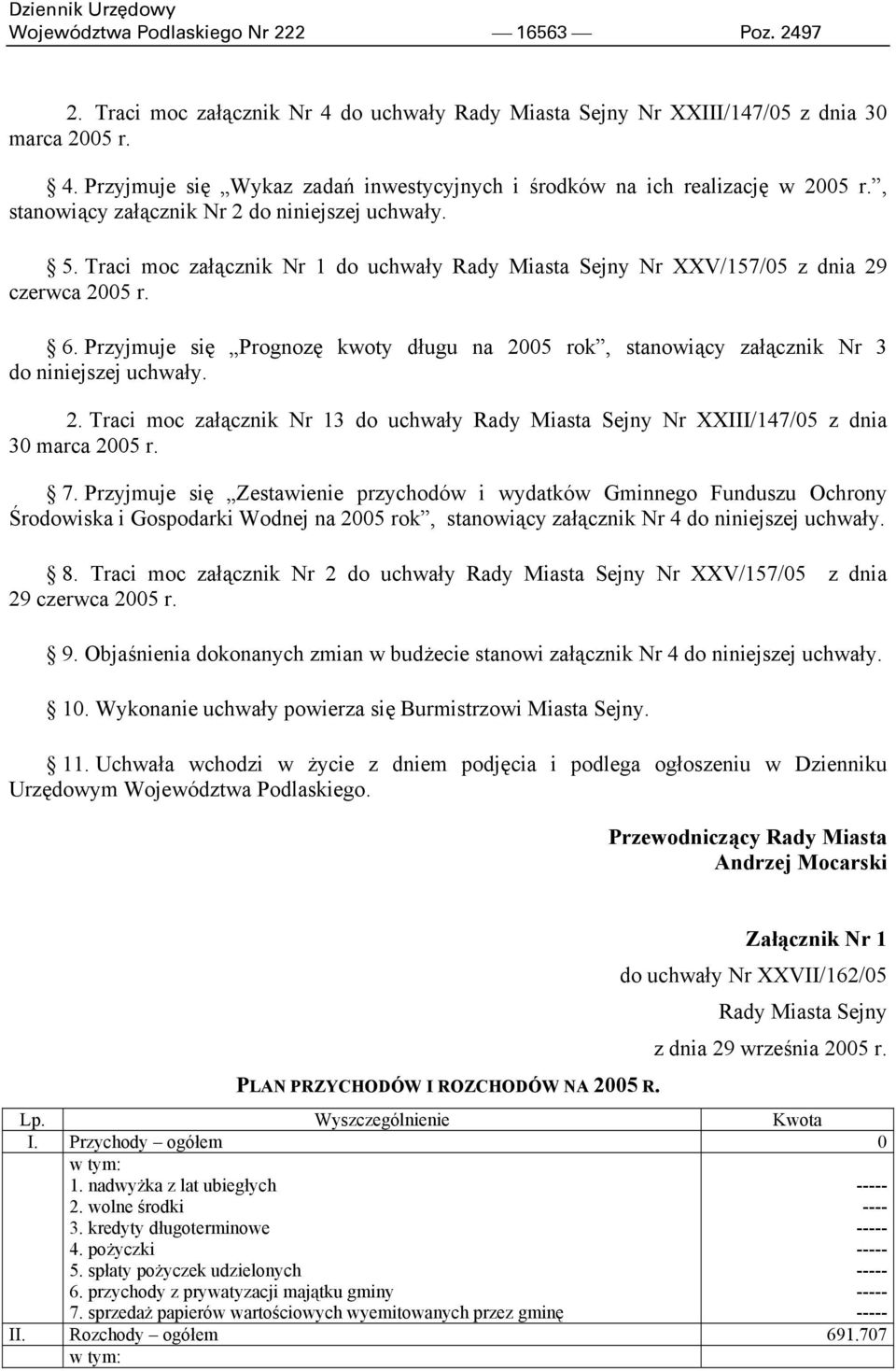 Przyjmuje się Prognozę kwoty długu na 2005 rok, stanowiący załącznik Nr 3 do niniejszej uchwały. 2. Traci moc załącznik Nr 13 do uchwały Rady Miasta Sejny Nr XXIII/147/05 z dnia 30 marca 2005 r. 7.