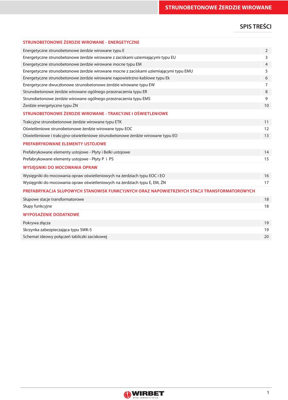 strunobetonowe żerdzie wirowane napowietrzno-kablowe typu Ek 6 Energetyczne dwuczłonowe strunobetonowe żerdzie wirowane typu EW 7 Strunobetonowe żerdzie wirowane ogólnego przeznaczenia typu ER 8