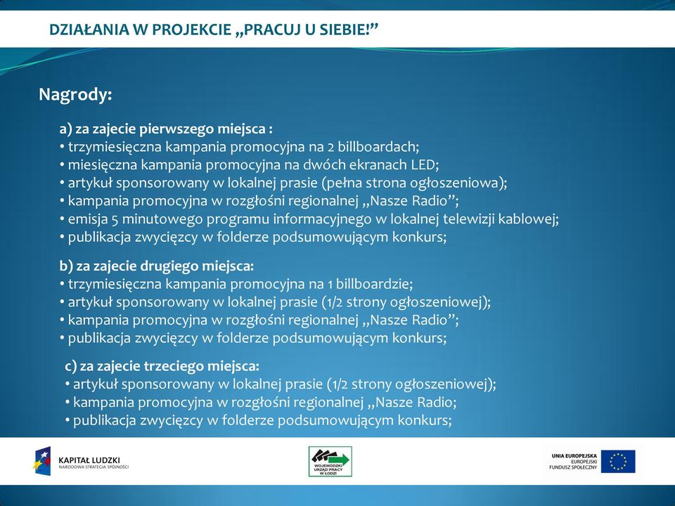 podsumowującym konkurs; b) za zajecie drugiego miejsca: trzymiesięczna kampania promocyjna na 1 billboardzie; artykuł sponsorowany w lokalnej prasie (1/2 strony ogłoszeniowej); kampania promocyjna w