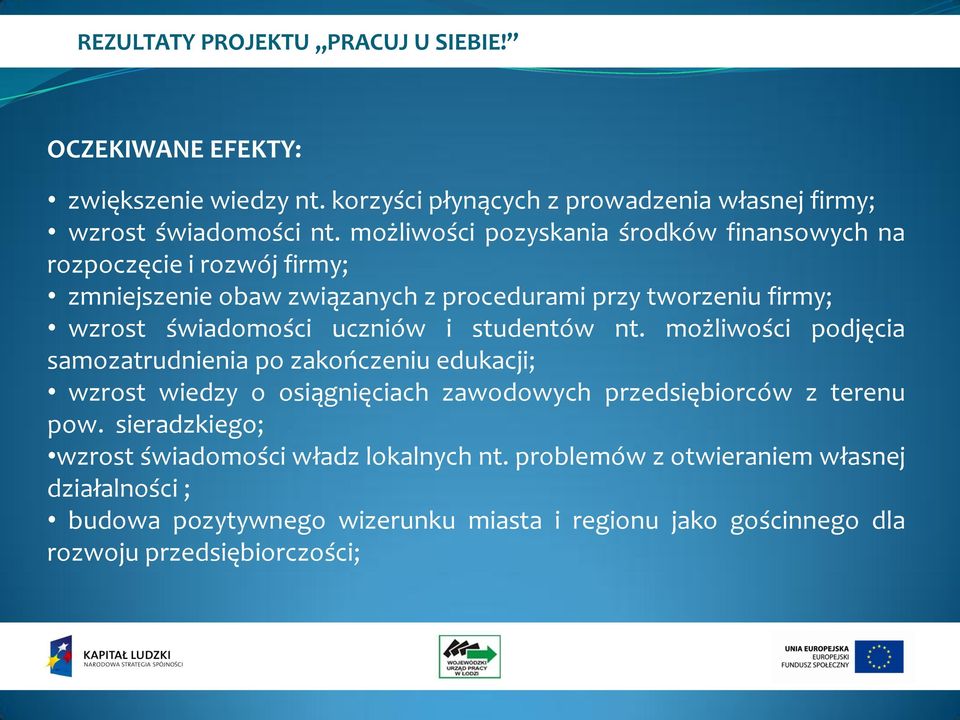 uczniów i studentów nt. możliwości podjęcia samozatrudnienia po zakończeniu edukacji; wzrost wiedzy o osiągnięciach zawodowych przedsiębiorców z terenu pow.