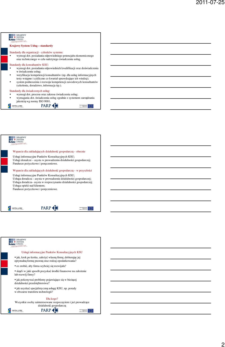 dla usług informacyjnych testy wstępne i cykliczne co kwartał sprawdzające ich wiedzę); system podnoszenia i rozwoju kompetencji zawodowych konsultantów (szkolenia, doradztwo, informacja itp.). Standardy dla świadczonych usług: wymogi dot.