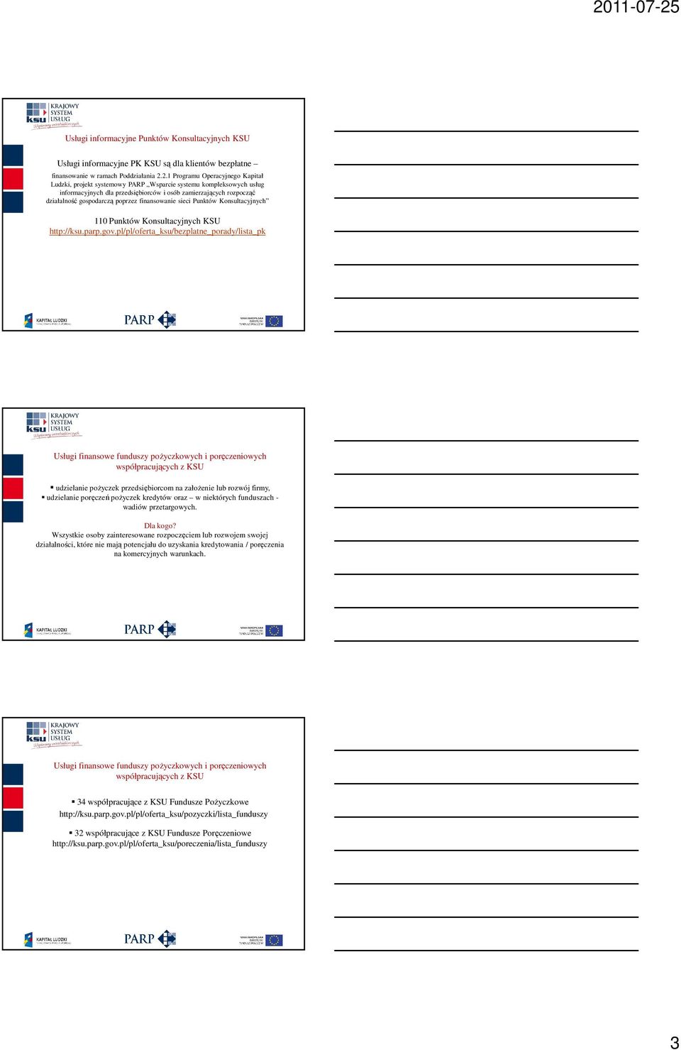 poprzez finansowanie sieci Punktów Konsultacyjnych 110 Punktów Konsultacyjnych KSU http://ksu.parp.gov.