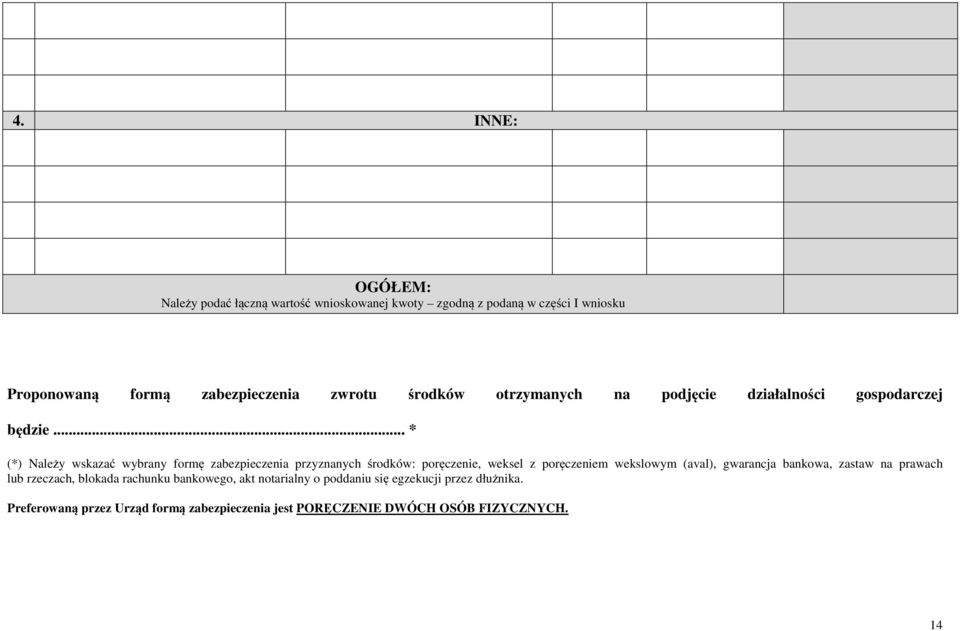 .. * (*) Należy wskazać wybrany formę zabezpieczenia przyznanych środków: poręczenie, weksel z poręczeniem wekslowym (aval), gwarancja