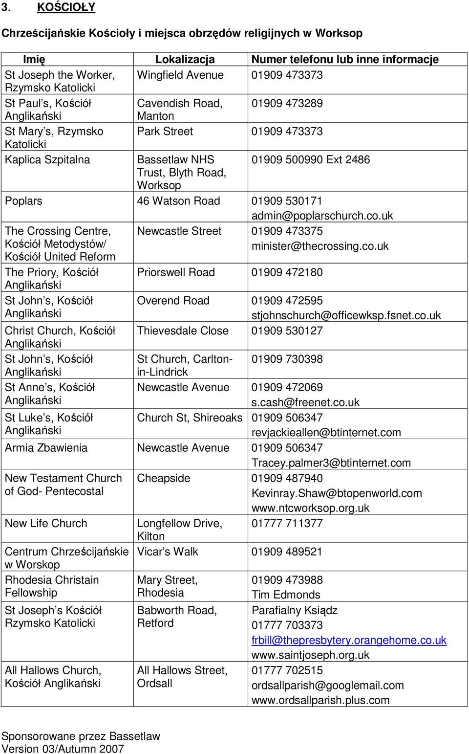 Watson Road 01909 530171 admin@poplarschurch.co.uk The Crossing Centre, Kościół Metodystów/ Kościół United Reform Newcastle Street 01909 473375 minister@thecrossing.co.uk The Priory, Kościół Priorswell Road 01909 472180 Anglikański St John s, Kościół Anglikański Overend Road 01909 472595 stjohnschurch@officewksp.