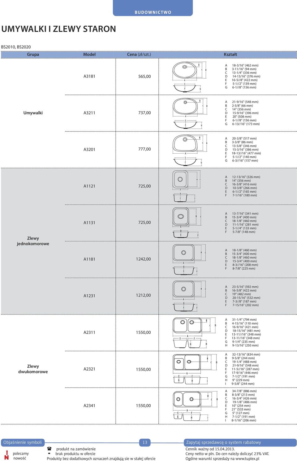 C D E F G 21-9/16" (548 mm) 2-5/8" (66 mm) 14" (356 mm) 15-9/16" (396 mm) 20" (508 mm) 6-1//8" (156 mm) 6-13//16" (173 mm) A3201 740,00 777,00 A B C D E F G 20-3/8" (517 mm) 3-3/8" (86 mm) 13-5/8"