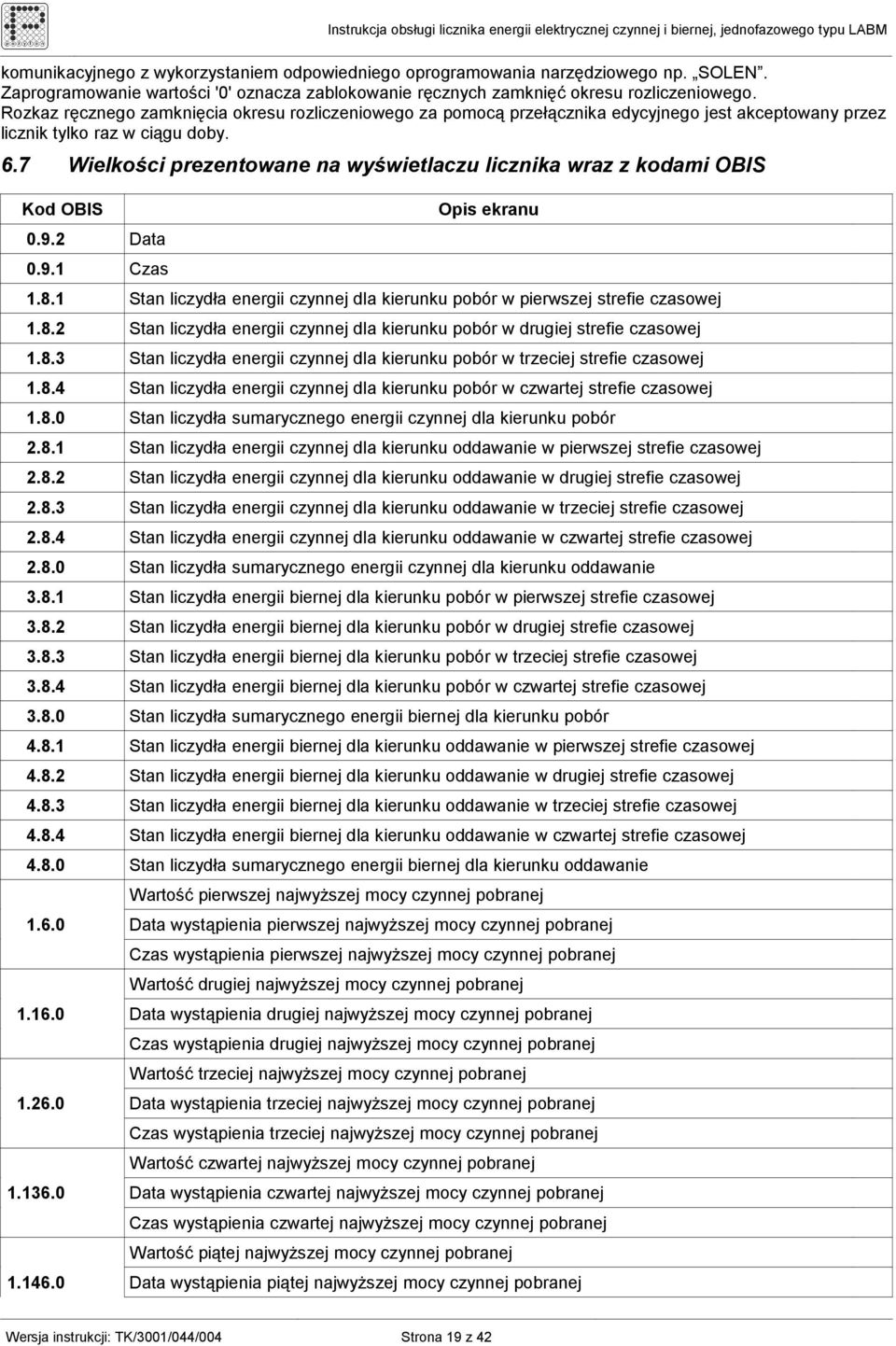 7 Wielkości prezentowane na wyświetlaczu licznika wraz z kodami OBIS Kod OBIS 0.9.2 Data 0.9.1 Czas Opis ekranu 1.8.1 Stan liczydła energii czynnej dla kierunku pobór w pierwszej strefie czasowej 1.8.2 Stan liczydła energii czynnej dla kierunku pobór w drugiej strefie czasowej 1.