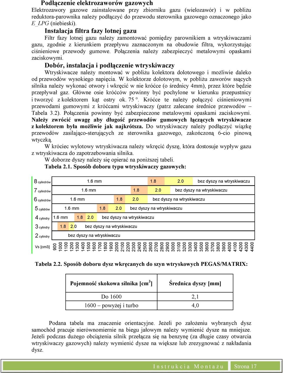 Instalacja filtra fazy lotnej gazu Filtr fazy lotnej gazu należy zamontować pomiędzy parownikiem a wtryskiwaczami gazu, zgodnie z kierunkiem przepływu zaznaczonym na obudowie filtra, wykorzystując