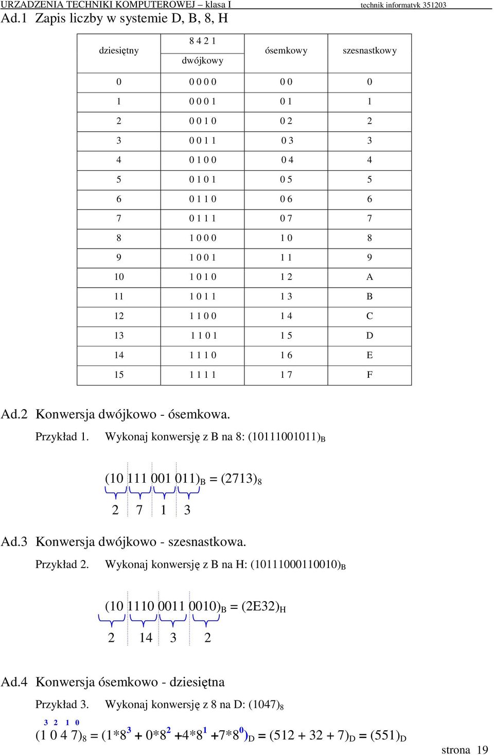 Wykonaj konwersj z B na 8: (10111001011) B (10 111 001 011) B = (2713) 8 2 7 1 3 Ad.3 Konwersja dwójkowo - szesnastkowa. Przykład 2.